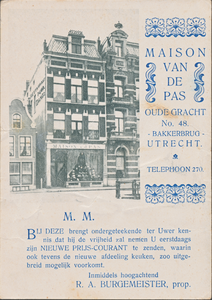 711199 Reclameprentbriefkaart van Maison Van de Pas, Eigenaar: R.A. Burgemeister, [Patissier & Cuisinier, Confiseur, & ...
